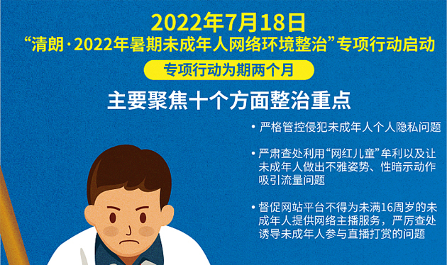 “清朗·2022年暑期未成年人网络环境整治”专项行动启动